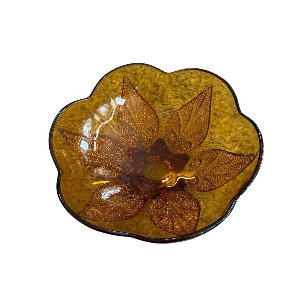 Anchor Hocking Dish Bowl Amber Glass Renaissance Flower Pattern Beaded 6.5